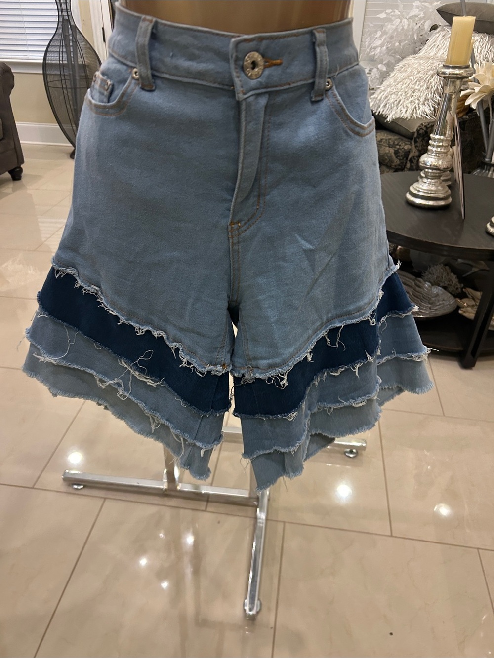 Ashley Stewart Light Blue Layered Raw Hem Denim Shorts with Dark Blue Trim